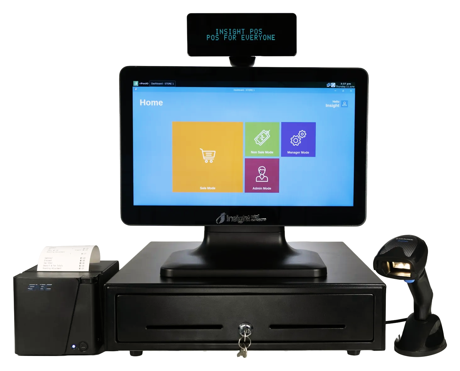 Insight POS complete system — VFD customer display showing dual pricing, branded touchscreen, cash drawer, receipt printer, and barcode scanner