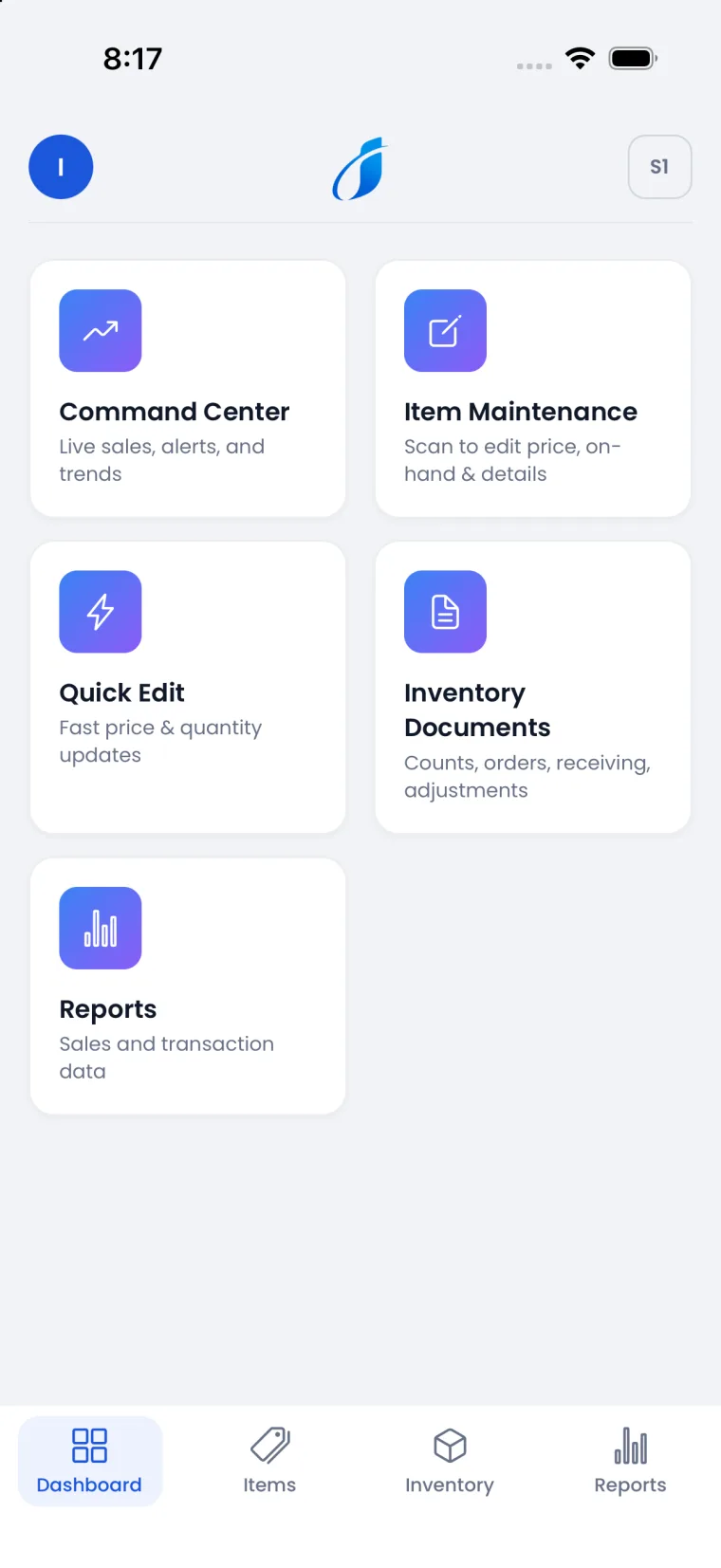 The Insight POS mobile app home screen — Command Center, Item Maintenance, Quick Edit, Inventory Documents, and Reports