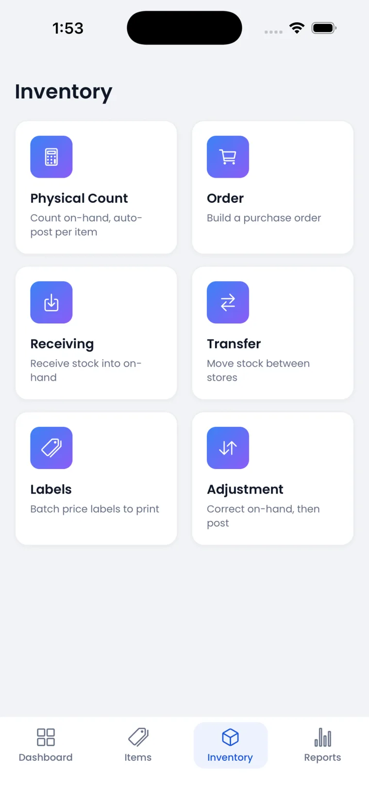 Inventory hub — counts, orders, receiving, transfers, labels, adjustments
