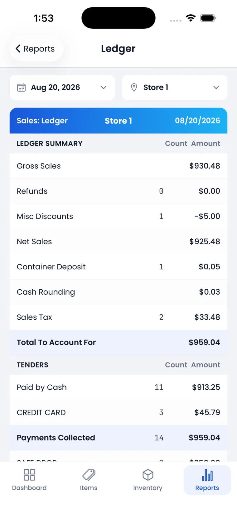Daily sales ledger report