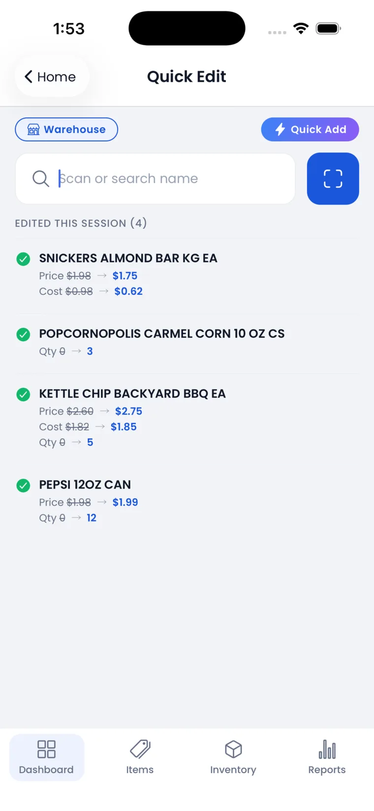 Quick Edit price, cost, and quantity changes