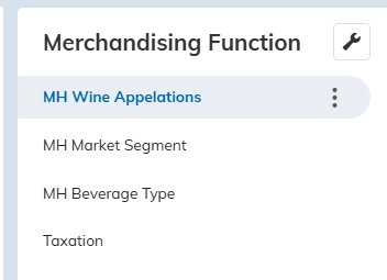 Merchandising Function menu in the Insight back office — MH Wine Appellations, MH Market Segment, MH Beverage Type, and Taxation