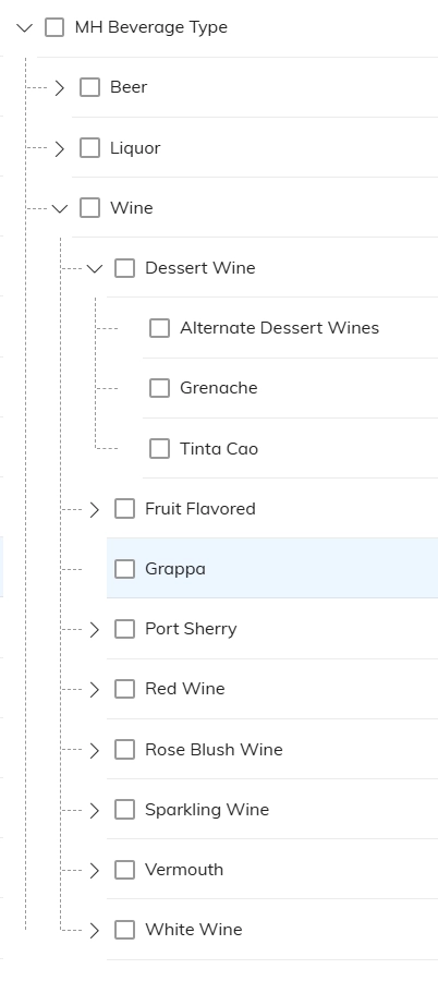 Beverage Type hierarchy — beer, liquor, wine (dessert, red, sparkling and more)
