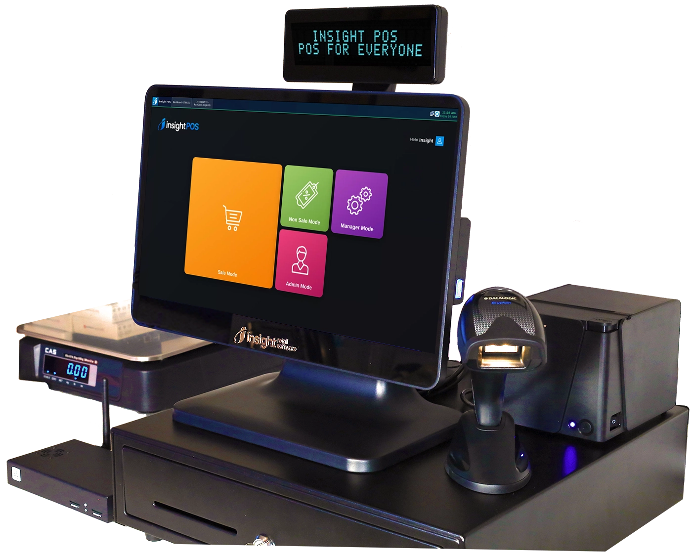 Insight POS complete system — RPi workstation + VFD display, scanner, receipt printer, cash drawer, and integrated scale