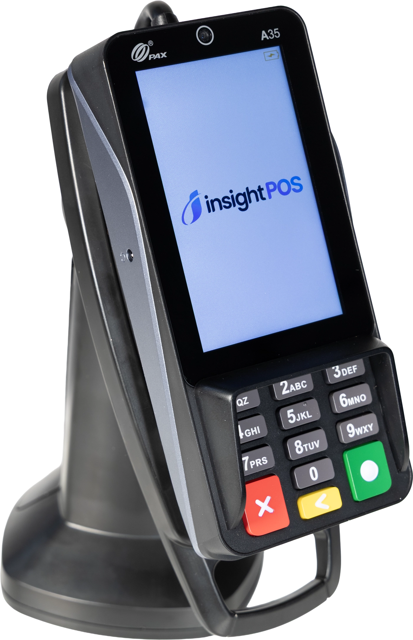 PAX A35 PIN pad on a Havis stand showing the Insight POS screen — chip, tap, and swipe, processed on Fiserv