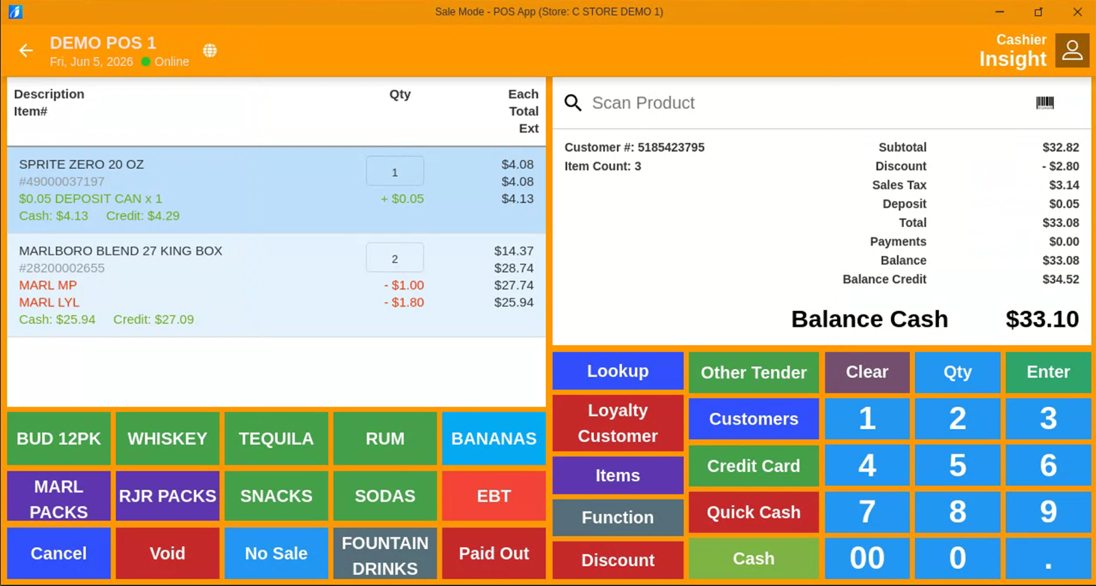 Insight POS sale screen — cigarettes, soda, dual pricing, one-touch buttons