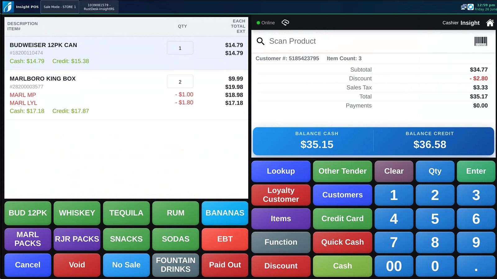 Insight POS sale screen — cigarettes, beer, dual pricing, one-touch buttons
