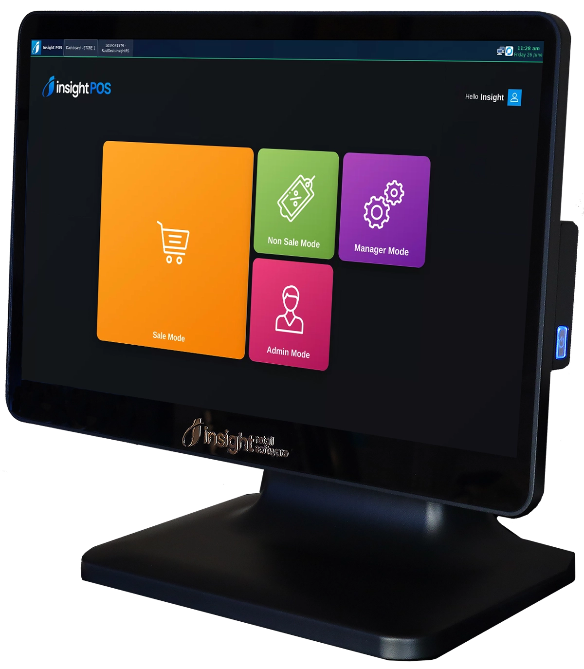 G2 Touch Monitor at a three-quarter angle — Tim's own design, aluminum construction, laminated display