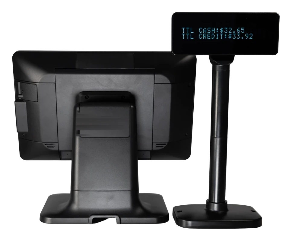The same monitor from the back with its integrated stand and cable management, beside the 2×20 VFD pole display showing dual pricing