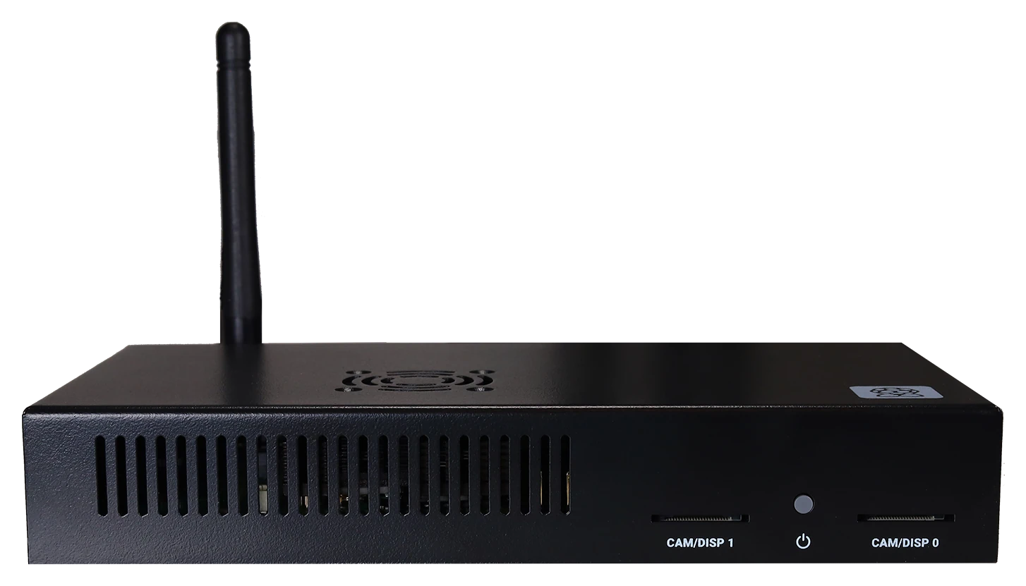 RPi POS PC — front panel with antenna, CAM/DISP ports, and the side power button