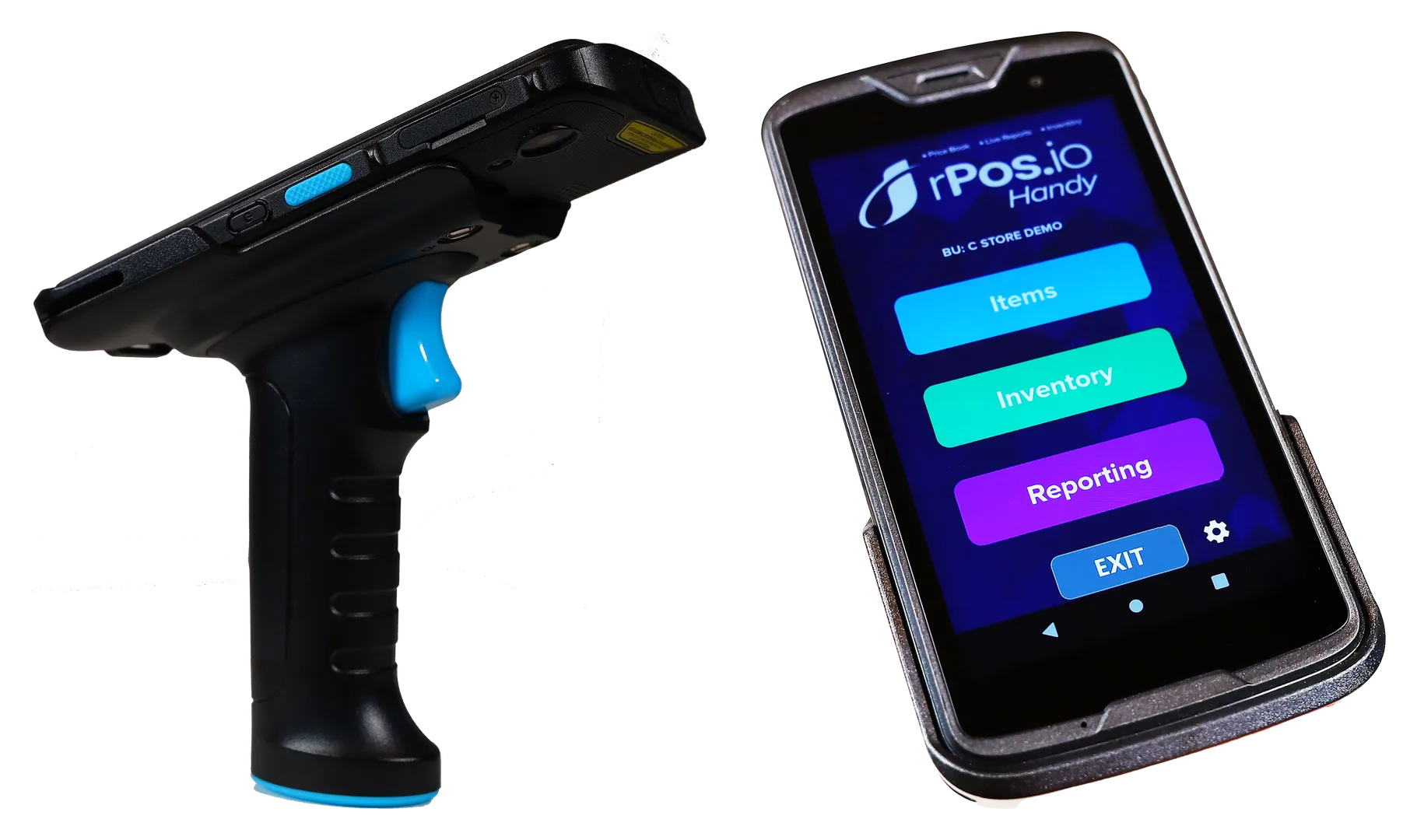 Handy — the pistol-grip scanner and the EA520 handheld running the Handy app