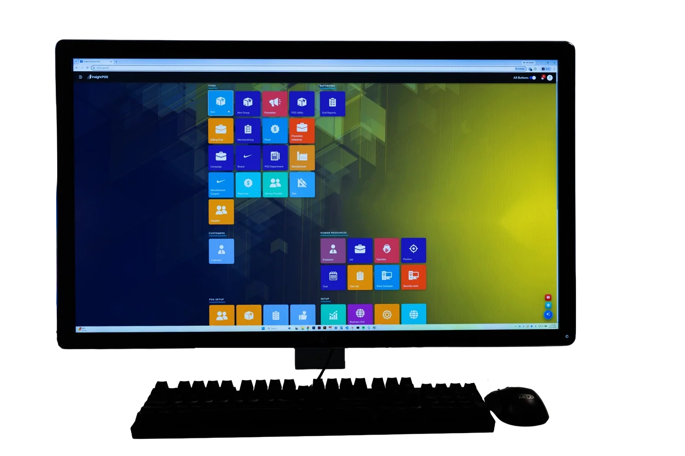Insight Cloud Back Office on a 32-inch monitor — price book, reporting, and ordering on AWS