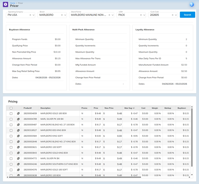 Pricer — Altria buydown, multi-pack, and loyalty allowances with the live pricing grid, inside the InsightRS back office